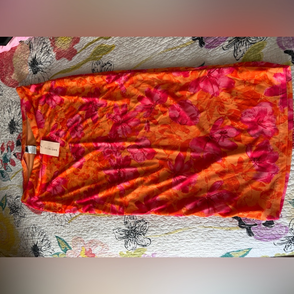 SHEIN Orange and Pink Floral Skirt